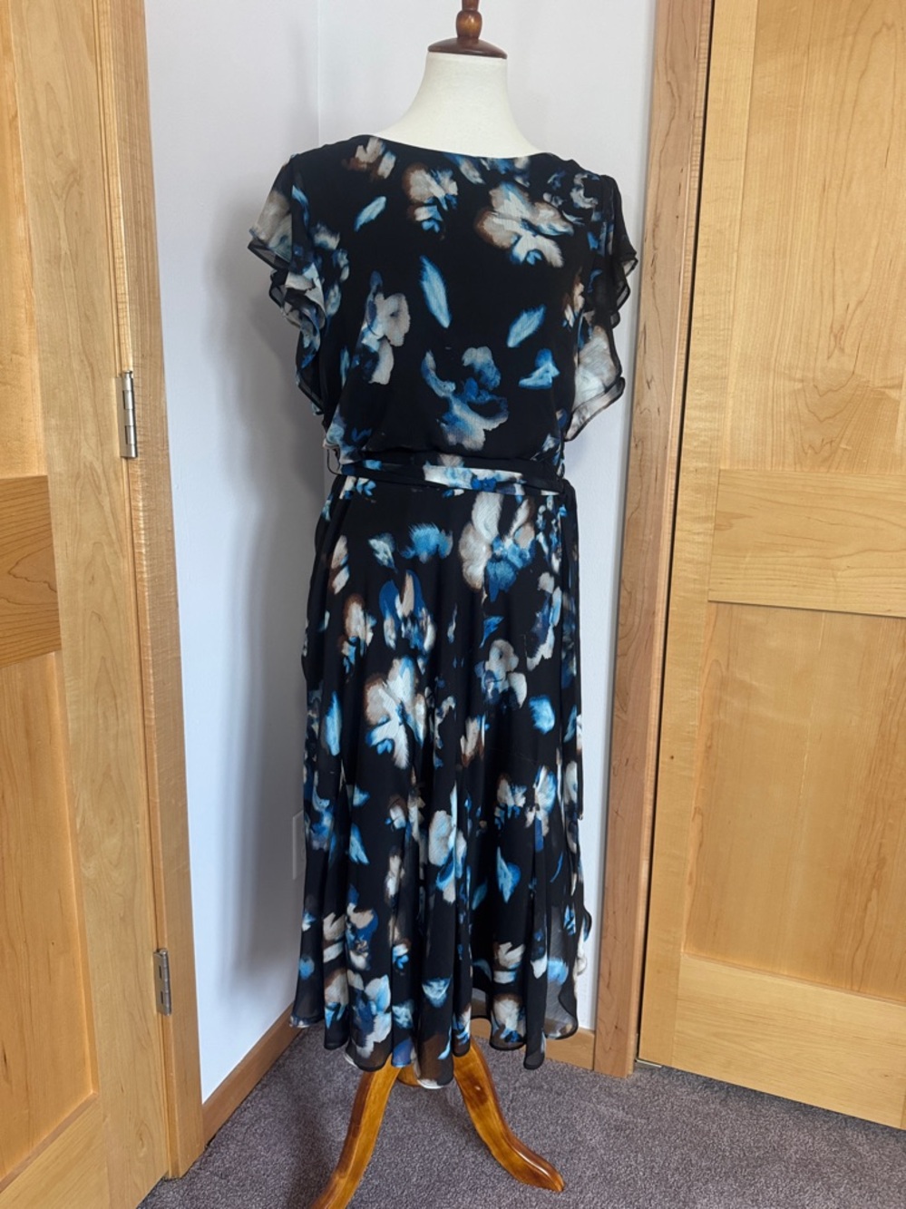 Donna Karan Black Midi Dress with Blue and Cream Floral Print